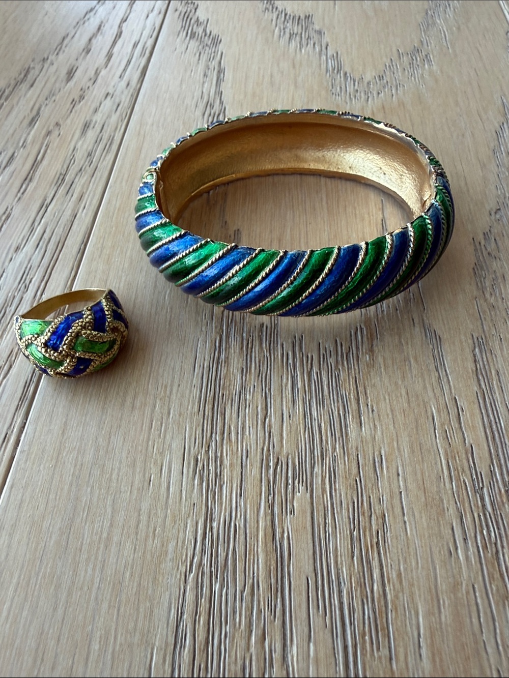 Vintage Gold-Plated Bracelet and Ring Set in Blue & Green Enamel by Trifari